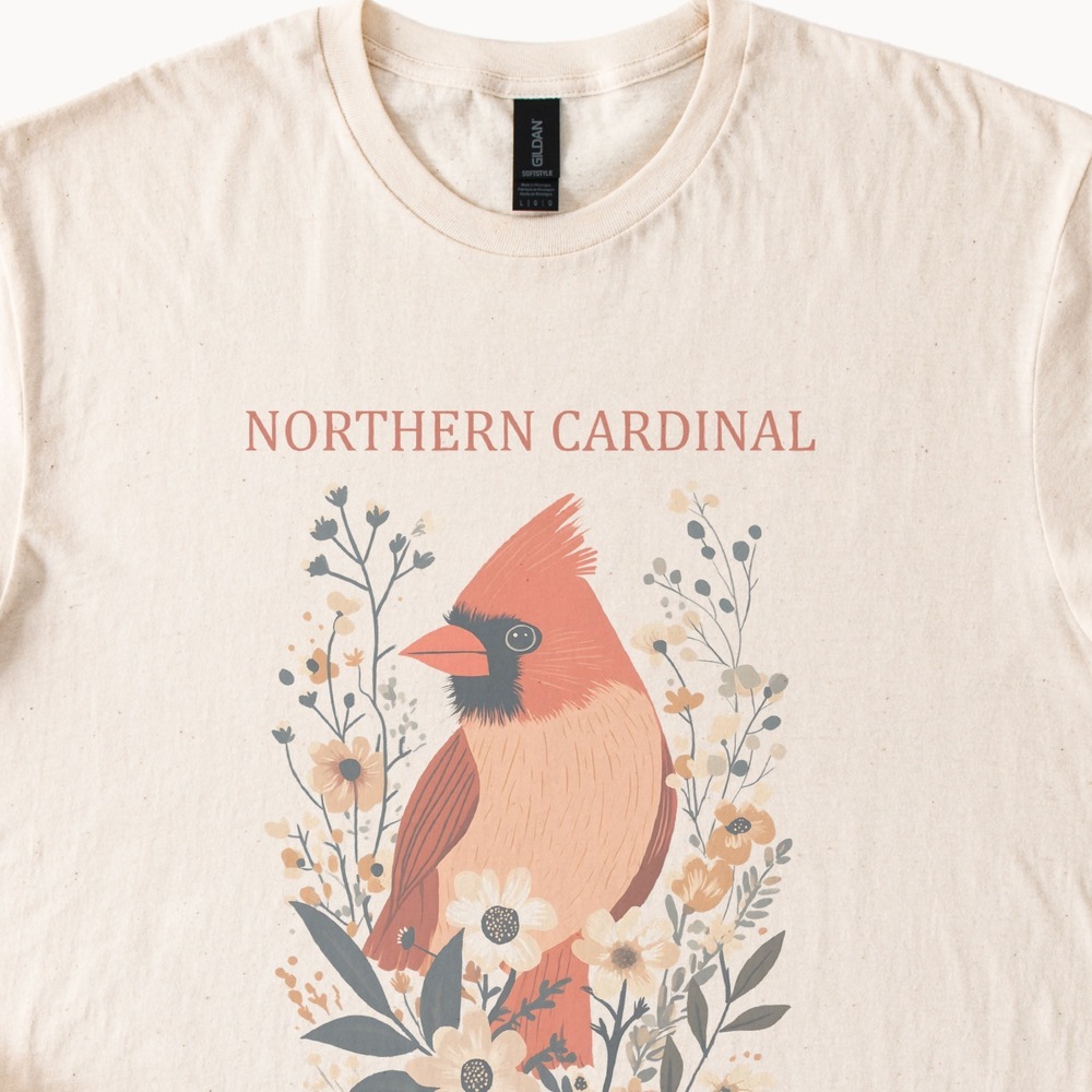 Northern Cardinal Botanical Graphic Tee Mid-Century Floral Nature Art
